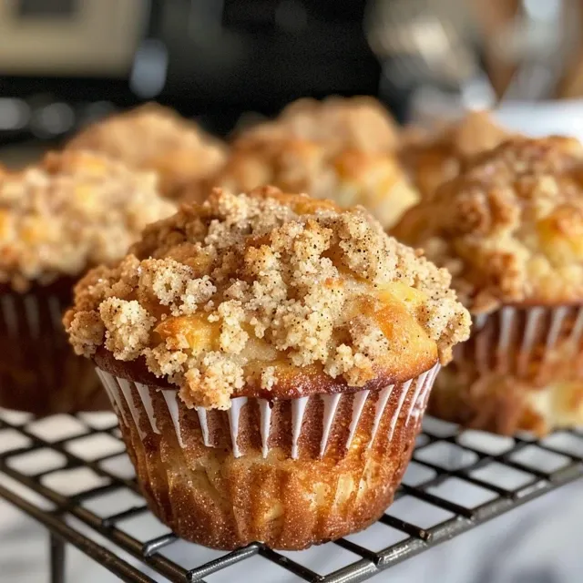 Delicious Apple Cinnamon Muffins with a rich, buttery glaze displaying bits of apple.