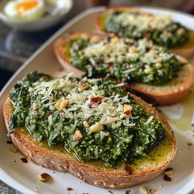 Delicious piece of sourdough toast layered with homemade spinach pesto, Parmesan cheese, and a sprinkle of flaky sea salt.