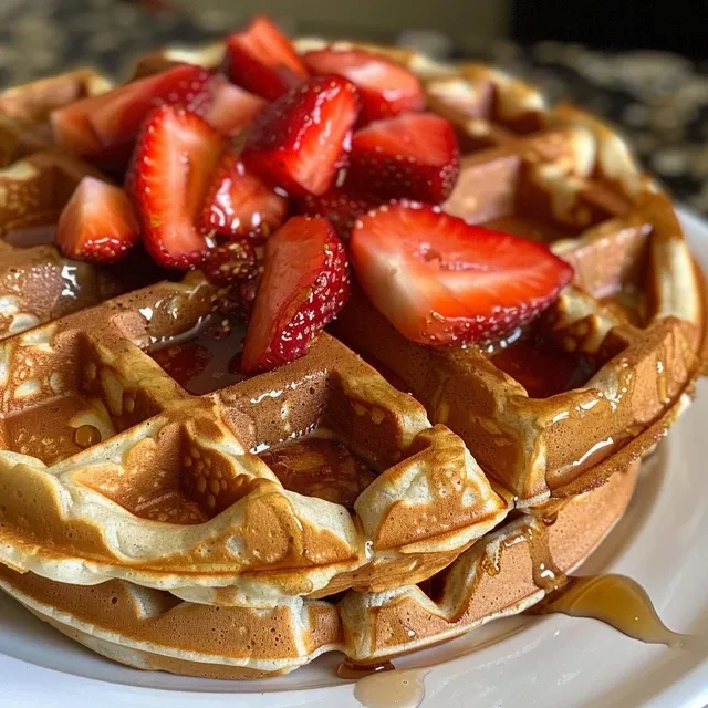 Juicy, high-protein waffles made from oats, served with a drizzle of maple syrup.