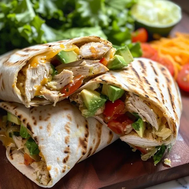 A vibrant Chicken Avocado Burrito, highlighting its fresh ingredients and inviting appearance.