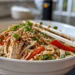 Detailed shot of chicken noodles topped with bean sprouts and green onions.