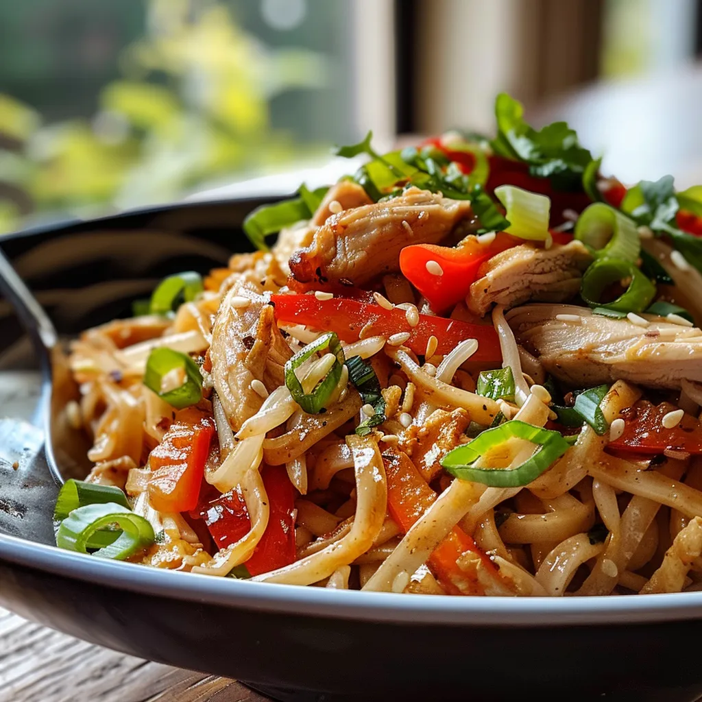 Vibrant 15-Minute Chicken Noodles featuring red bell pepper and cabbage.