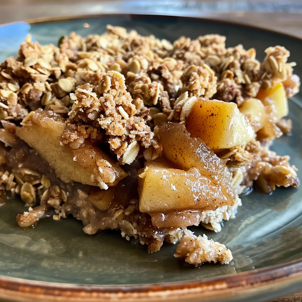 Delicious almond butter apple crisp served fresh, highlighting the crunchy oat topping.
