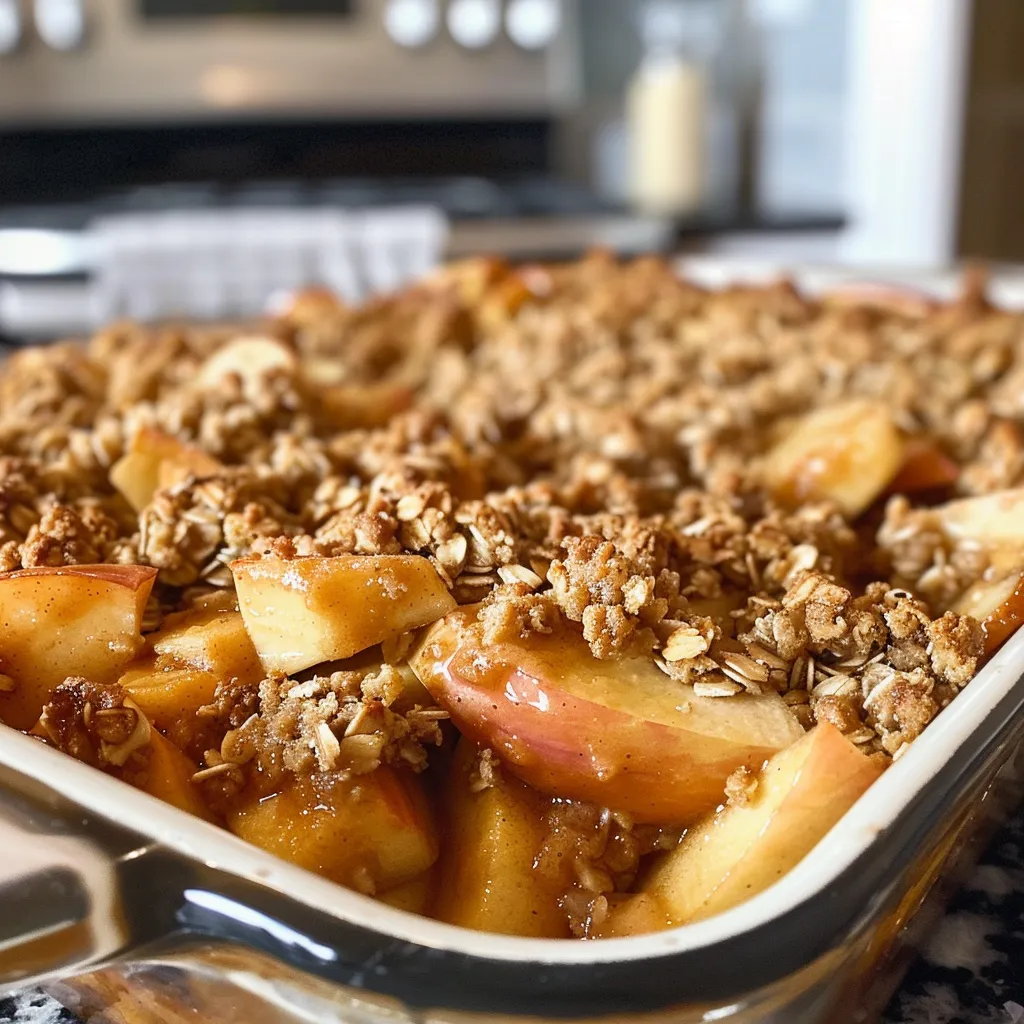 Vibrant slice of almond butter apple crisp on a plate, with visible layers of apples and oats.