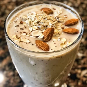 Close-up view of a creamy almond smoothie in a glass with visible almond chunks.