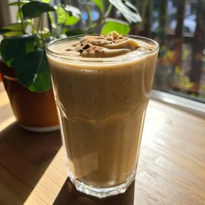 Close-up side view of a creamy apple banana smoothie in a glass.