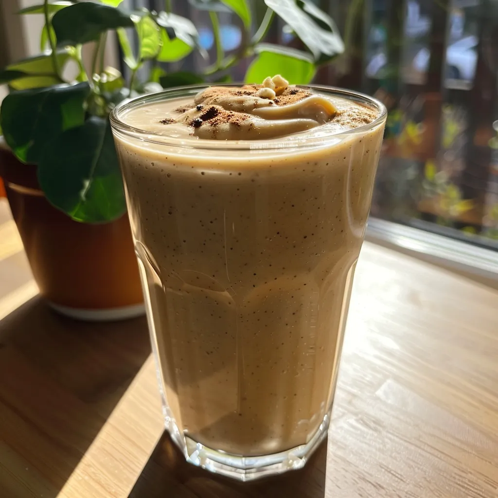Close-up side view of a creamy apple banana smoothie in a glass.