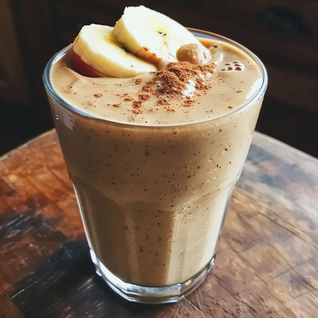 A vibrant apple banana smoothie with a smooth texture, presented in a clear glass.