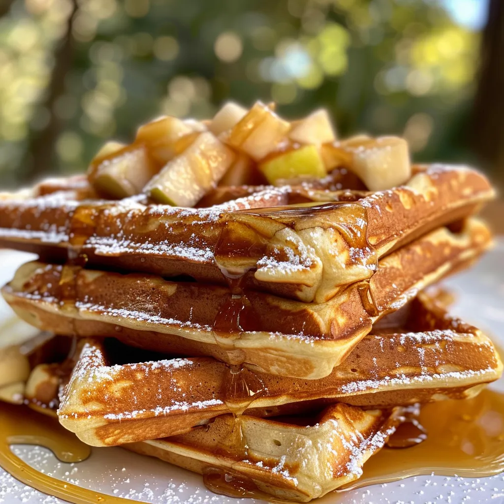 Juicy apple cinnamon waffles served on a plate, showcasing their texture and toppings.