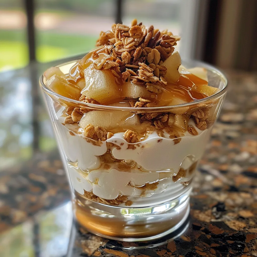 Close-up of a layered apple cinnamon yogurt parfait with granola.