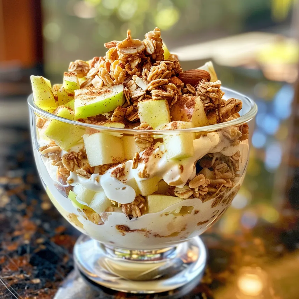 Side view of a yogurt parfait showcasing diced apples and cinnamon.