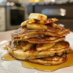 Juicy apple pancakes served with a sprinkle of cinnamon and a slice of apple.
