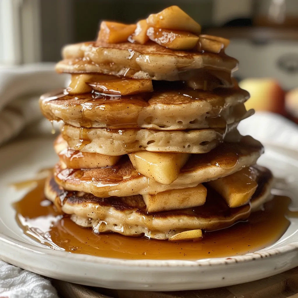Delicious stack of apple pancakes, garnished with apples and syrup.
