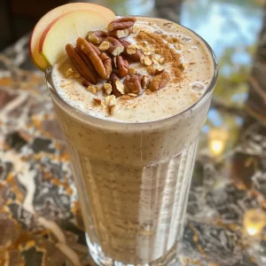 Close-up of a creamy apple smoothie topped with oats and a sprinkle of cinnamon.