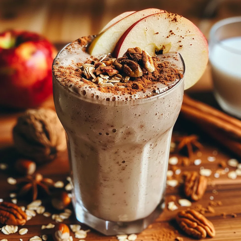 Side view of a refreshing apple smoothie with a smooth texture and visible oat pieces.