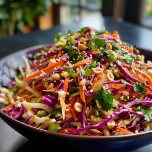 Close-up view of a colorful Asian coleslaw topped with sesame dressing and assorted vegetables.