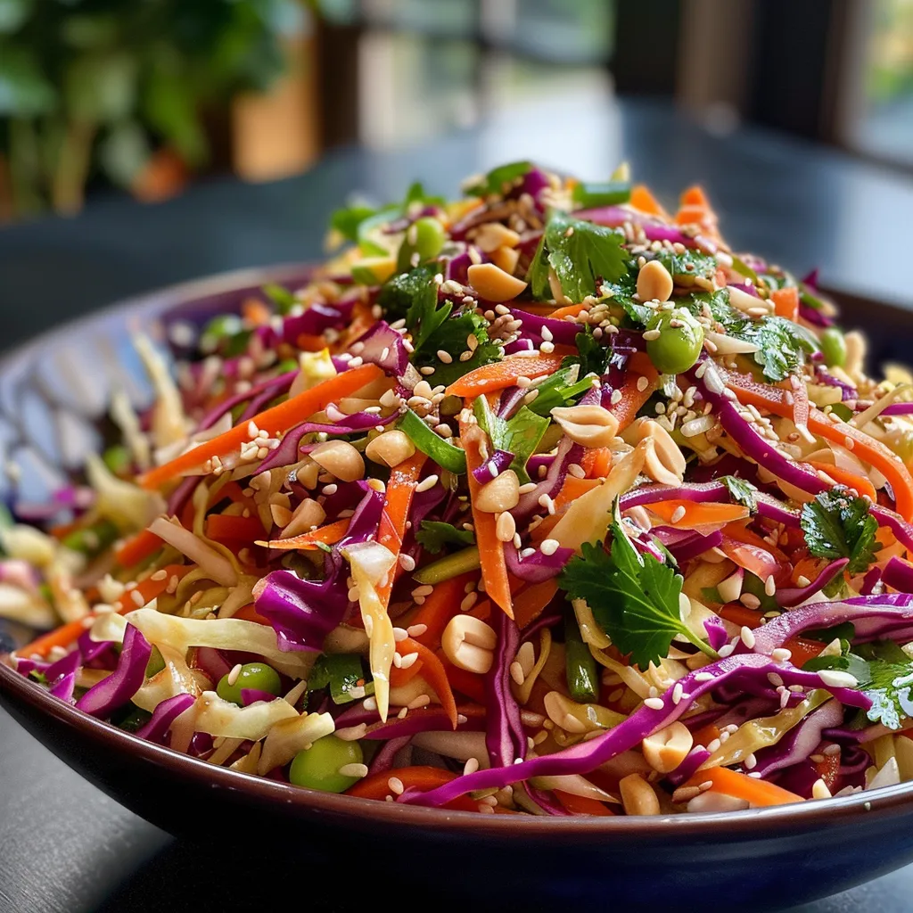 Close-up view of a colorful Asian coleslaw topped with sesame dressing and assorted vegetables.