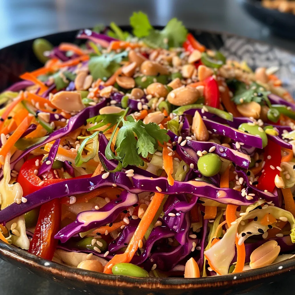 Side view of a vibrant Asian coleslaw with sesame dressing showcasing shredded cabbage and carrots.