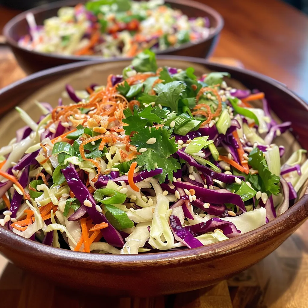 Close-up view of a vibrant Asian slaw mixed with colorful vegetables.