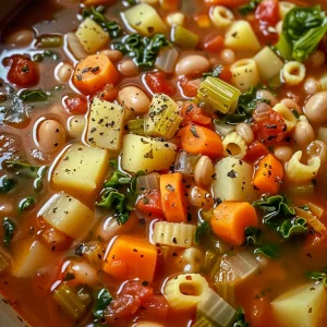 Rich and chunky Italian Minestrone Soup in a bowl, featuring beans, vegetables, and herbs.