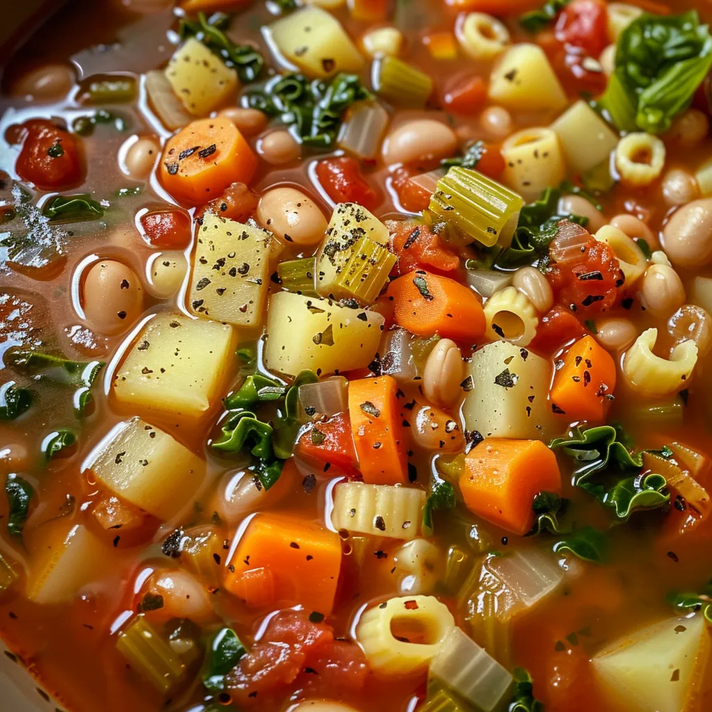 Rich and chunky Italian Minestrone Soup in a bowl, featuring beans, vegetables, and herbs.