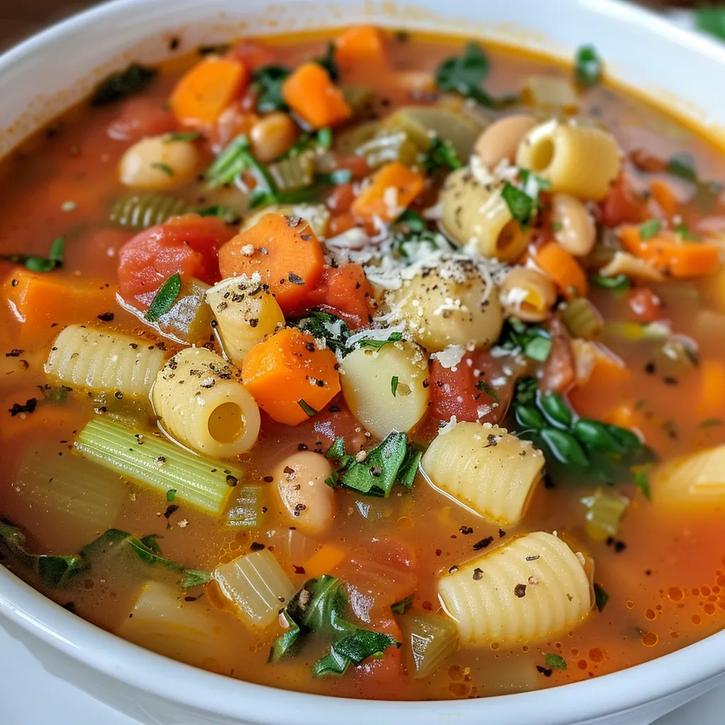 A side view of steaming Minestrone Soup filled with colorful ingredients and a sprinkle of herbs.