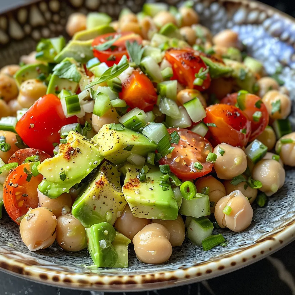 Close-up view of a vibrant avocado and chickpea salad with fresh ingredients.
