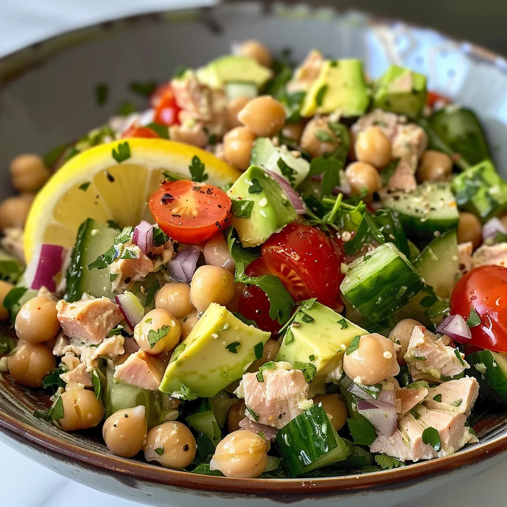 Close-up view of a colorful Avocado Chickpea Tuna Salad in a bowl.