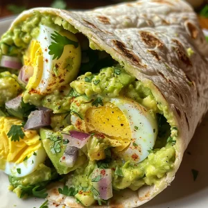 Juicy avocado egg salad wrap sliced in half, showcasing its creamy filling and fresh ingredients.