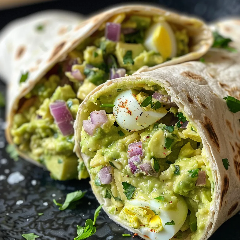 A delicious avocado egg salad wrap on a plate, featuring vibrant colors and a fresh appearance.