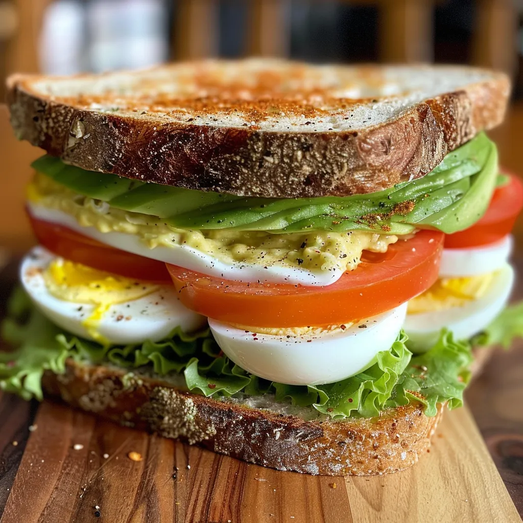 A detailed side view of a freshly made avocado egg sandwich, displaying its colorful fillings.