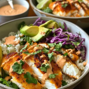 Detailed close-up of a Baja Fish Taco Bowl showcasing juicy fish fillets, fresh avocado slices, and a drizzle of crema.
