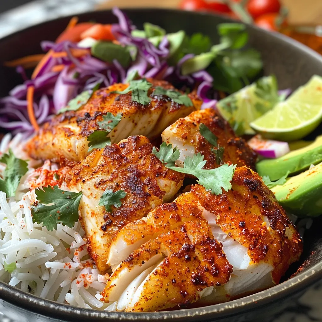 Vivid shot of a Baja Fish Taco Bowl highlighting the ingredients like shredded cabbage, cilantro, and lime wedges.