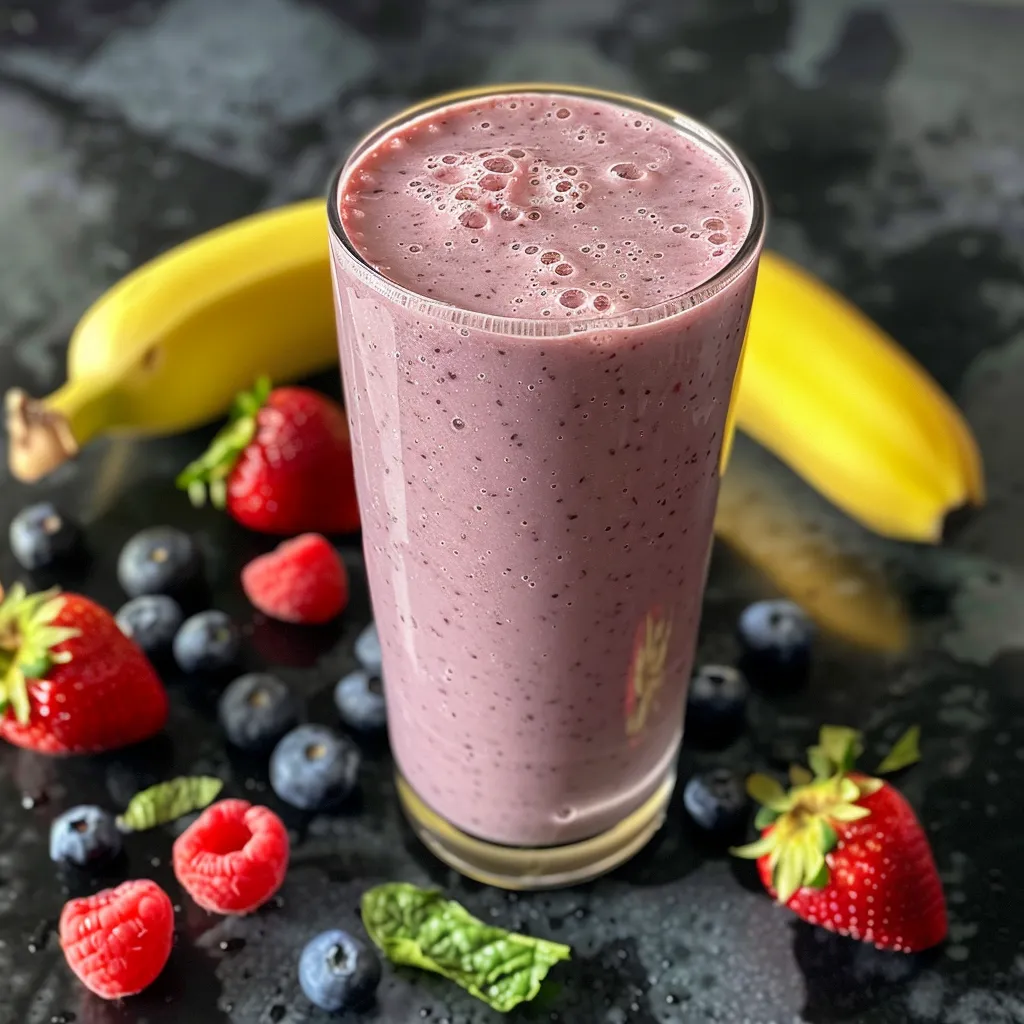 Close-up of a thick, creamy banana berry protein smoothie in a glass.