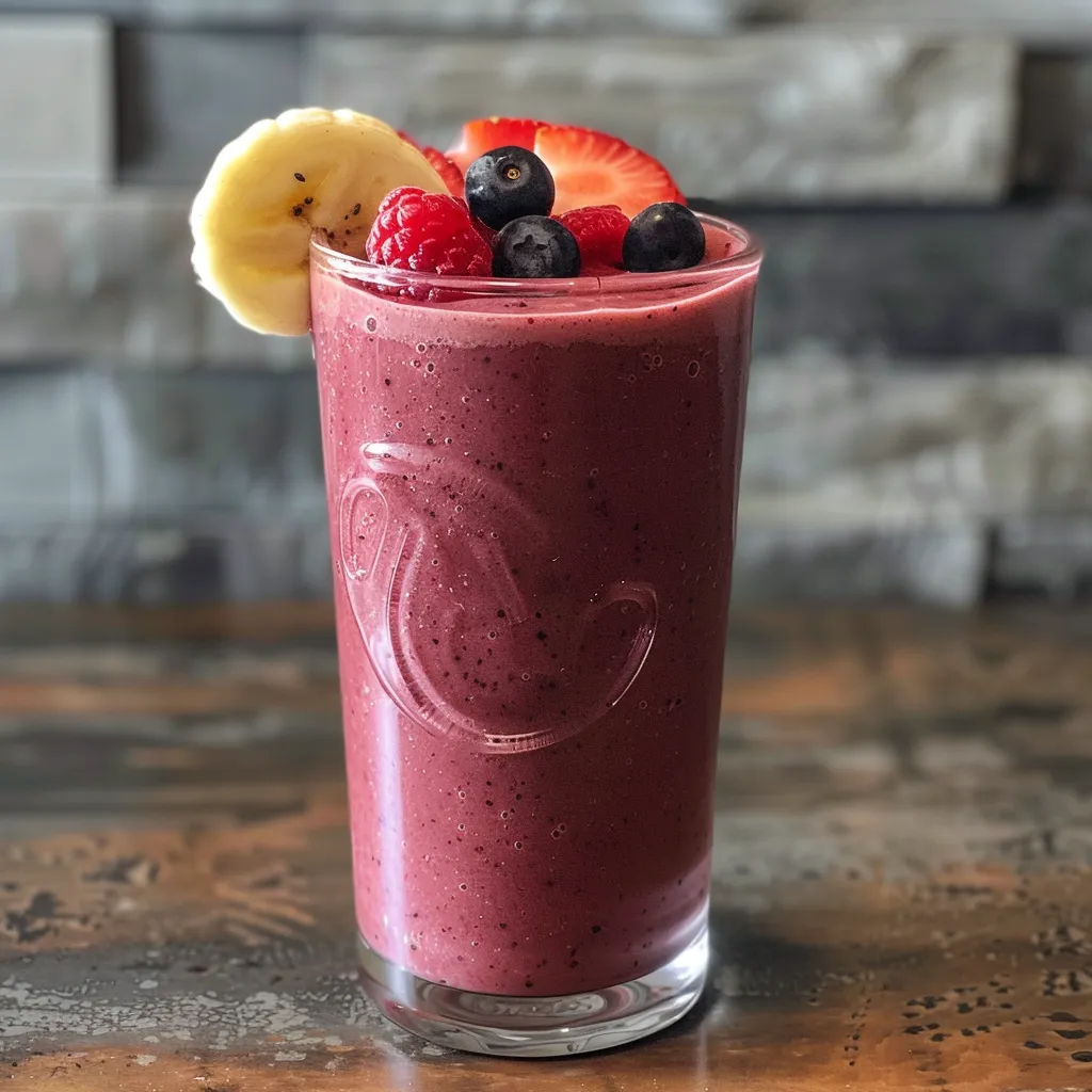 Side view of a vibrant banana berry smoothie with mixed berries and a straw.