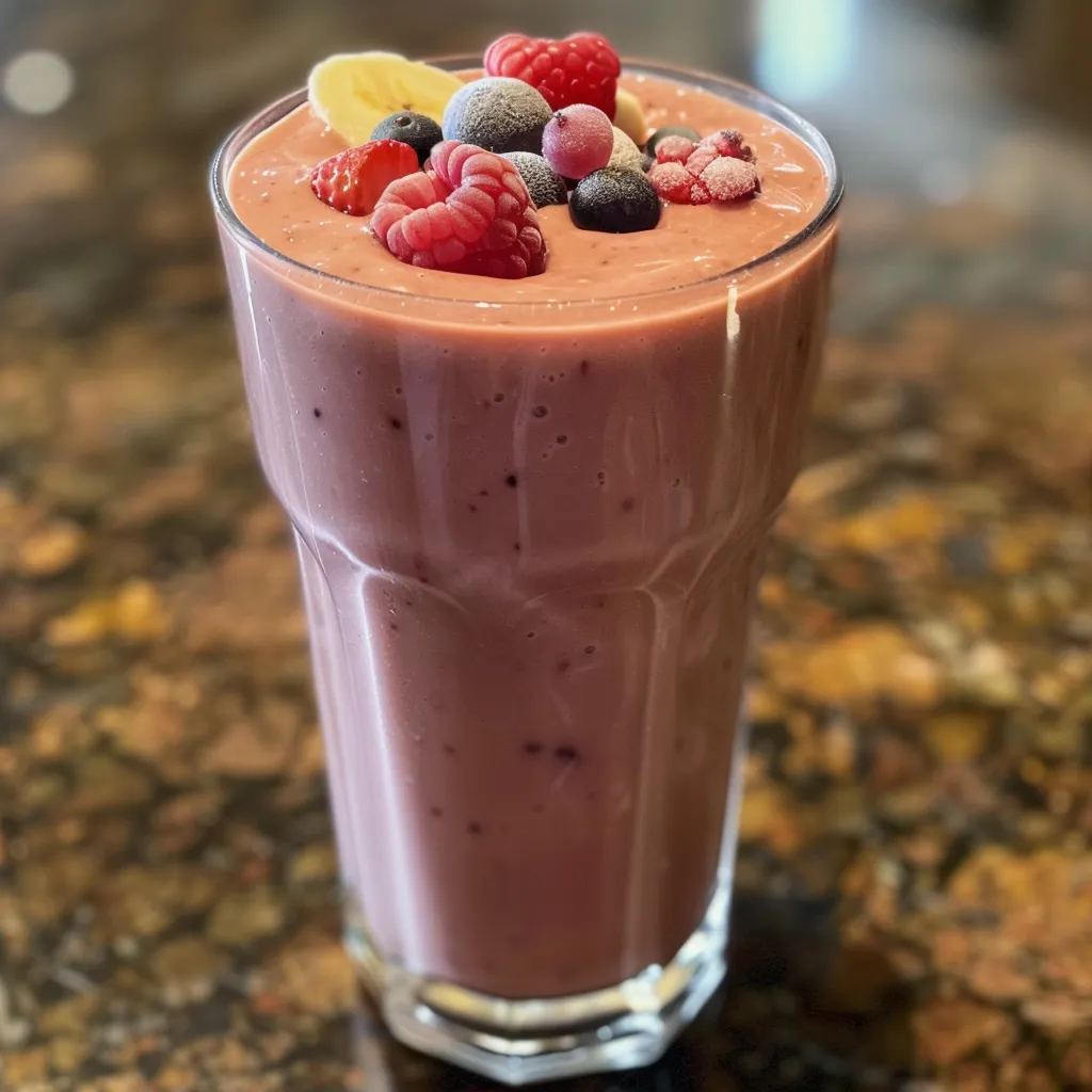 A close-up view of a creamy banana berry smoothie in a glass, garnished with fresh berries.