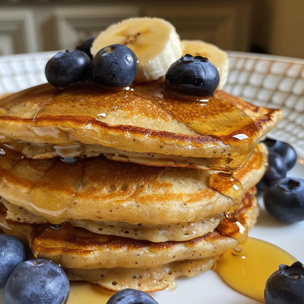 Close-up of warm pancakes featuring juicy blueberries and mashed banana, garnished with honey.