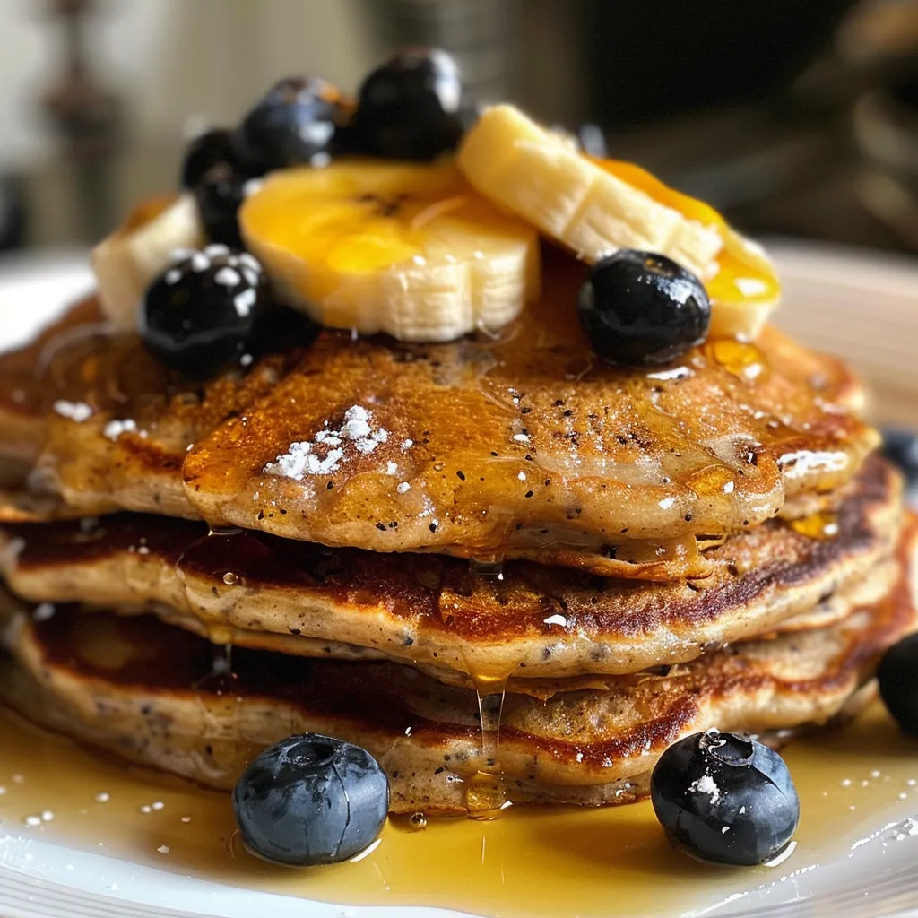 Fluffy banana blueberry pancakes with a soft texture, served on a white plate.