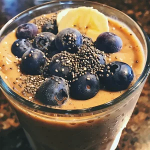 A creamy banana blueberry peanut butter smoothie in a glass, with blueberries scattered around it.