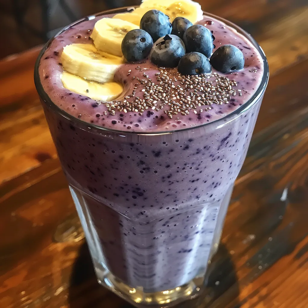 Close-up side view of a banana blueberry smoothie with a straw, featuring banana slices and blueberries.