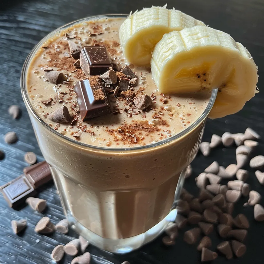 Side angle of a delicious banana chocolate shake topped with cocoa powder and a slice of banana.
