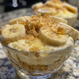 Creamy banana custard in a cup, garnished with golden-brown shredded phyllo.