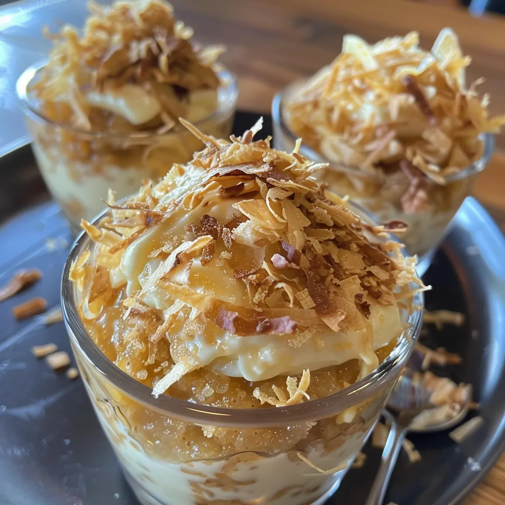 Detailed view of a banana custard cup with a crunchy phyllo topping on a textured background.