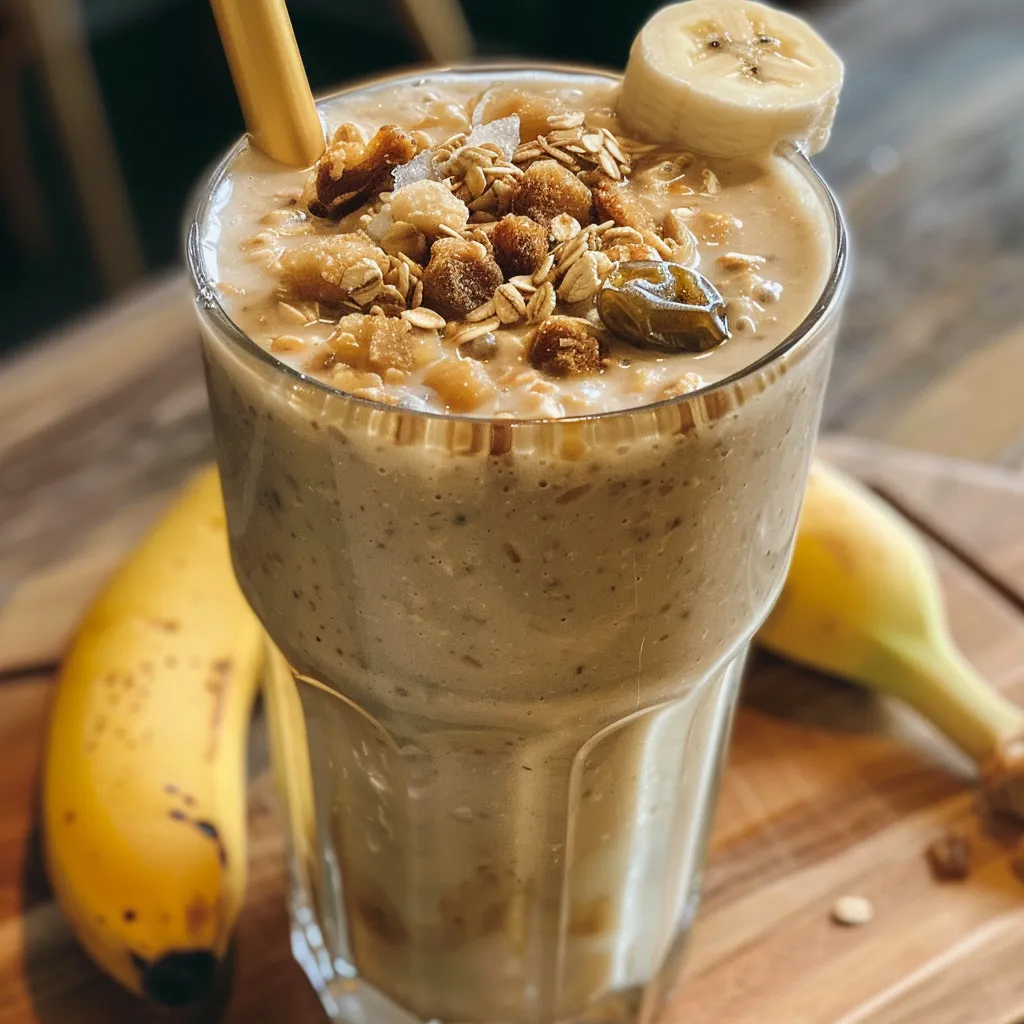 A close-up side view of a creamy banana oatmeal date shake in a glass.