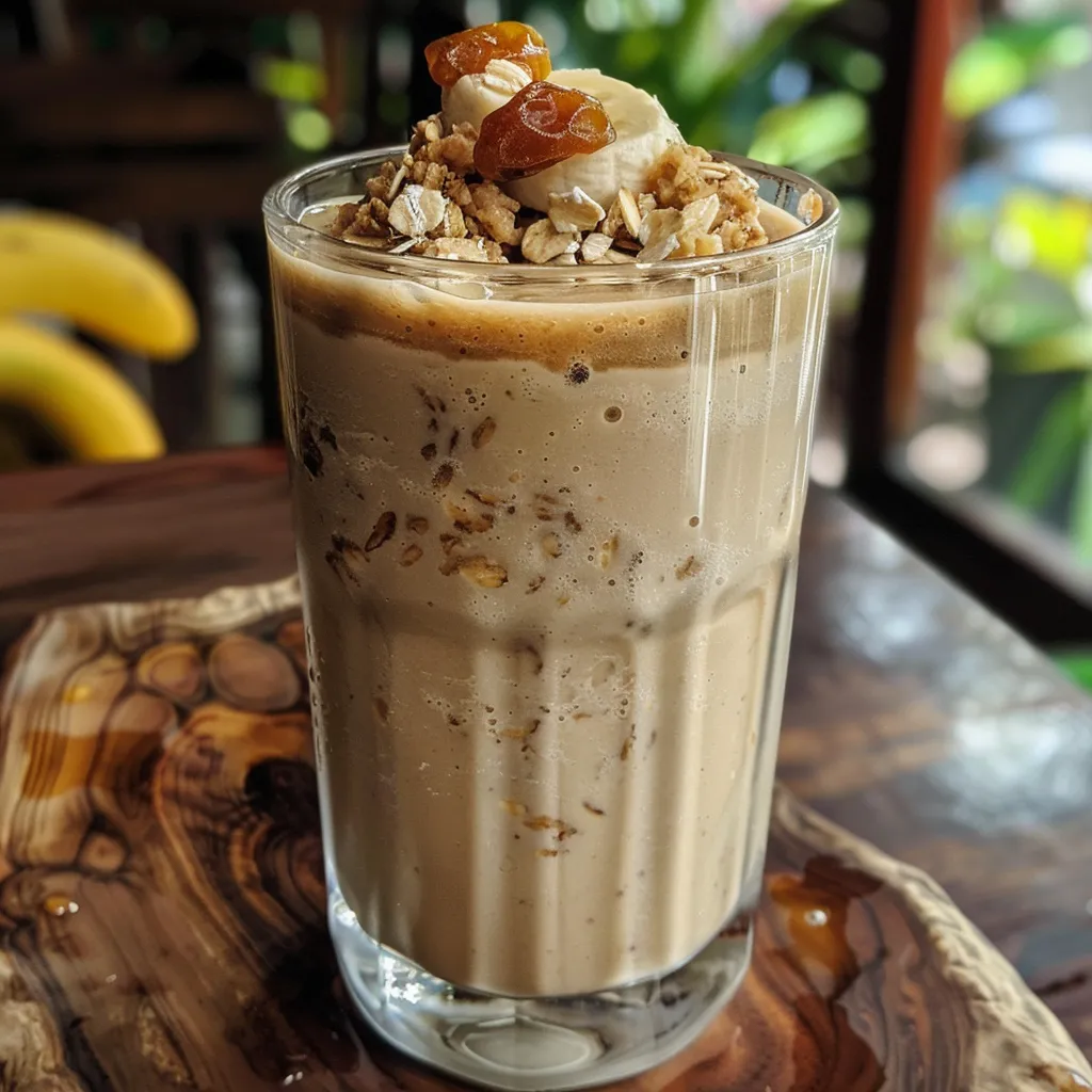 A refreshing banana oatmeal date shake served in a clear glass, featuring a thick texture.