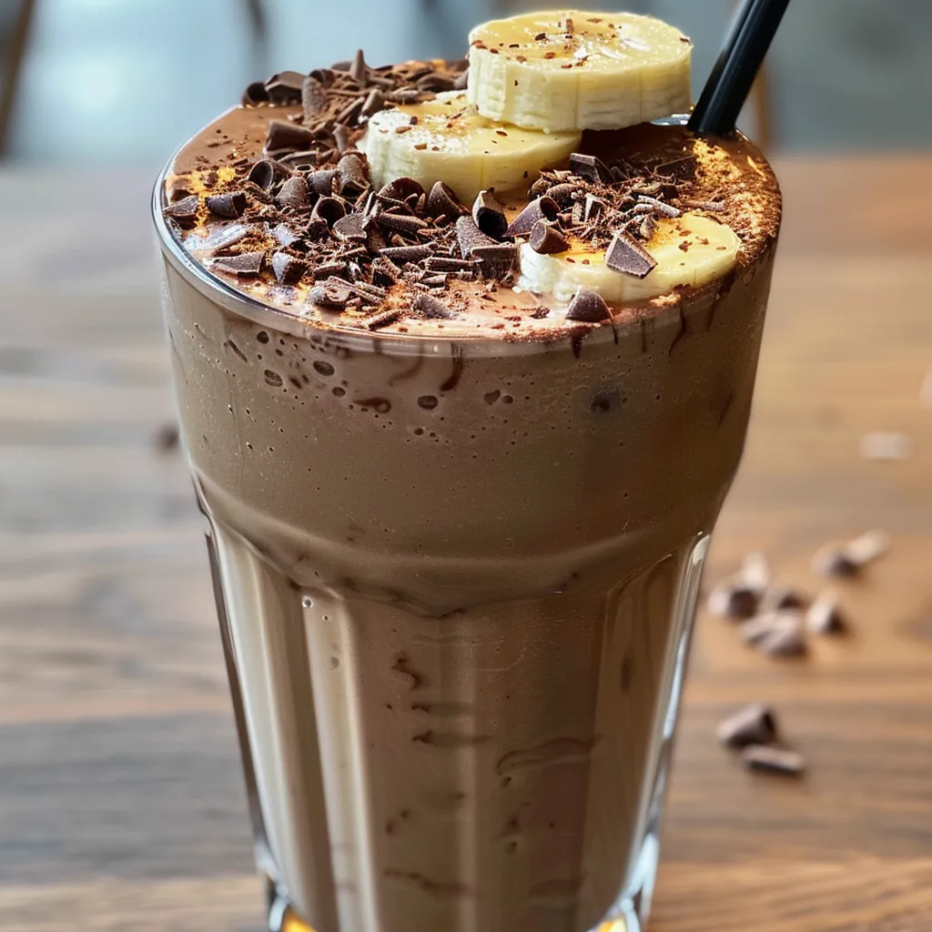 Close-up view of a creamy Bananen-Schoko-Shake in a glass, garnished with banana slices.
