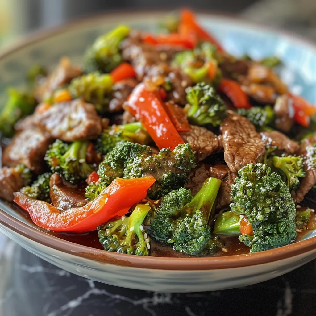 Close-up of a beef and broccoli stir fry featuring juicy beef slices and vibrant green broccoli.