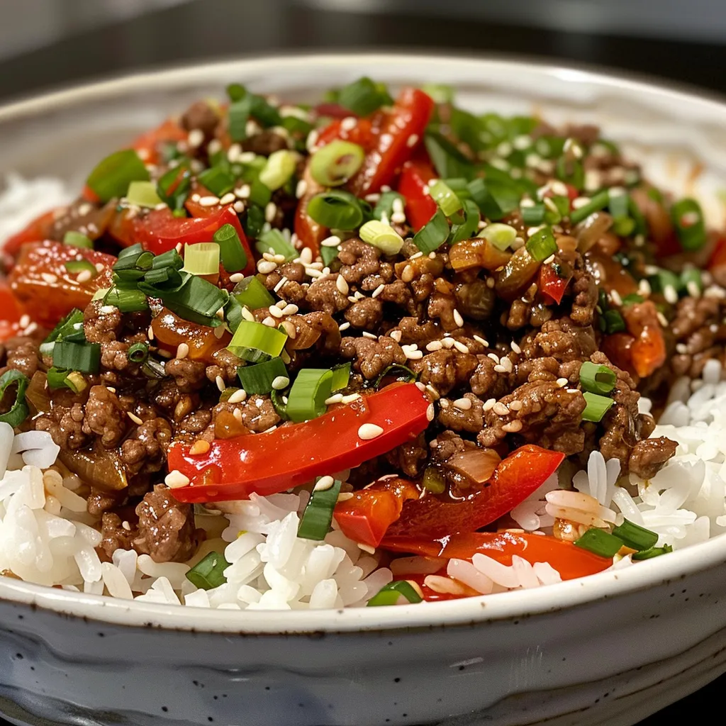 Close-up of a beef and pepper rice bowl with vibrant bell peppers and ground beef.