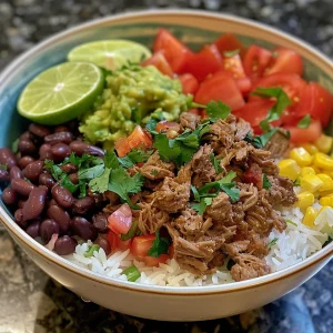 Close-up view of a vibrant beef burrito bowl featuring rice, beans, and fresh toppings.