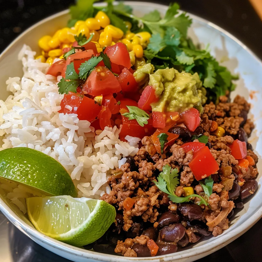 Side profile of a delicious beef burrito bowl with colorful ingredients arranged beautifully.